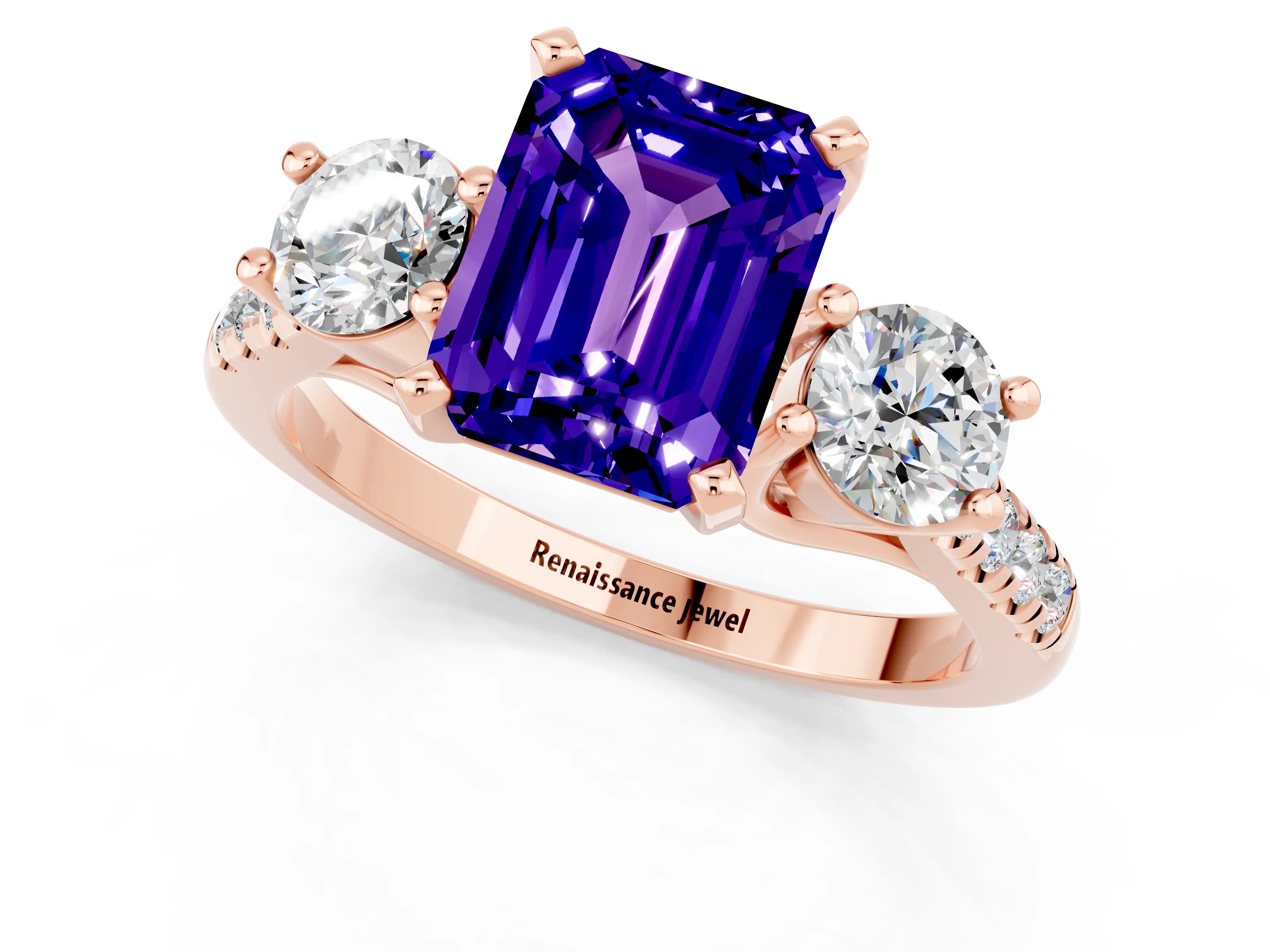 Rose gold Three-Stone Emerald Cut Tanzanite Pavé Band with Four-Prong Setting_1