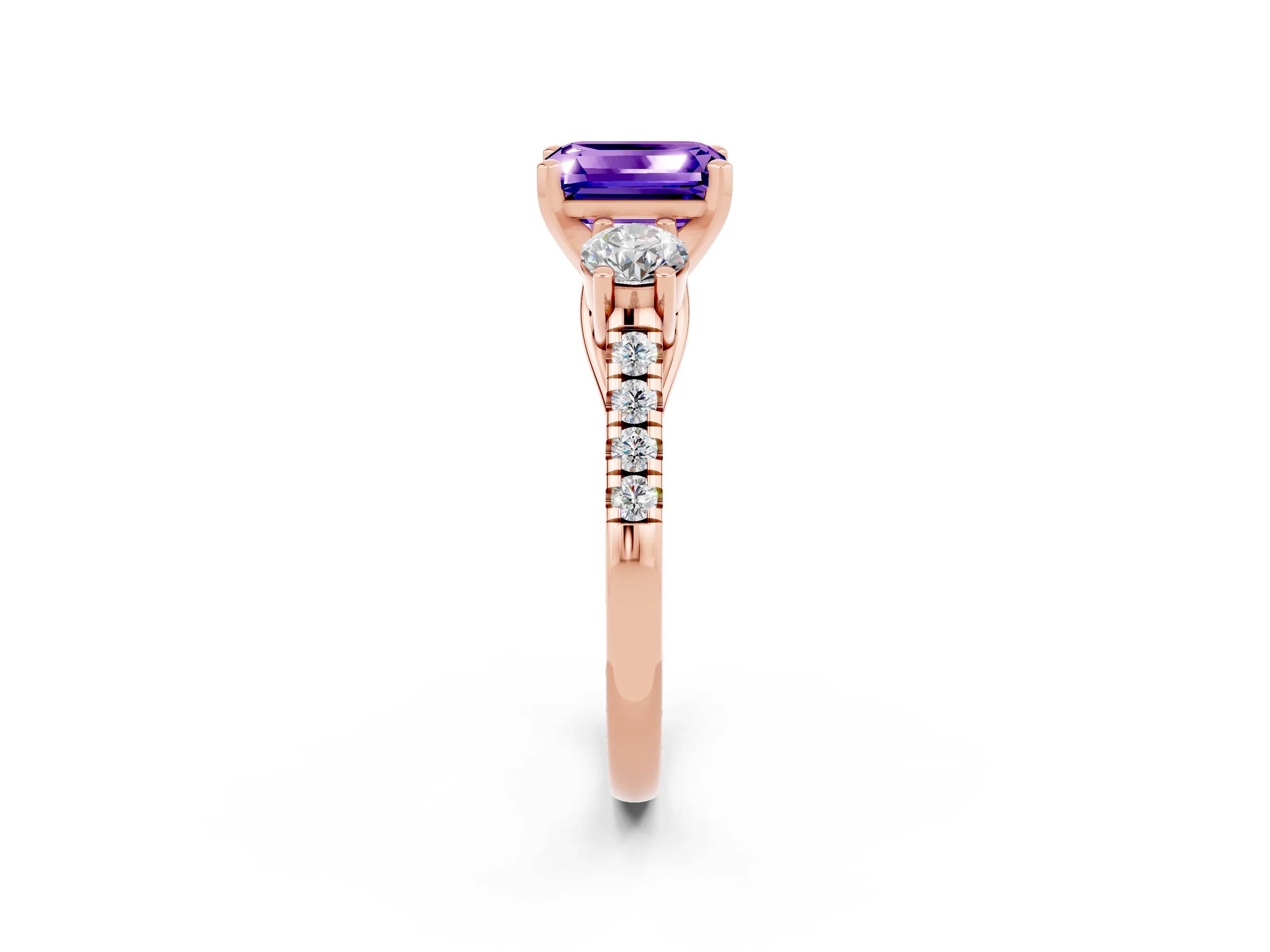 Rose gold Three-Stone Emerald Cut Tanzanite Pavé Band with Four-Prong Setting_2