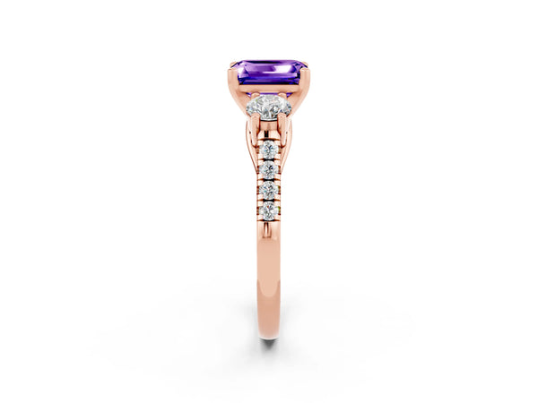 Rose gold Three-Stone Emerald Cut Tanzanite Pavé Band with Four-Prong Setting