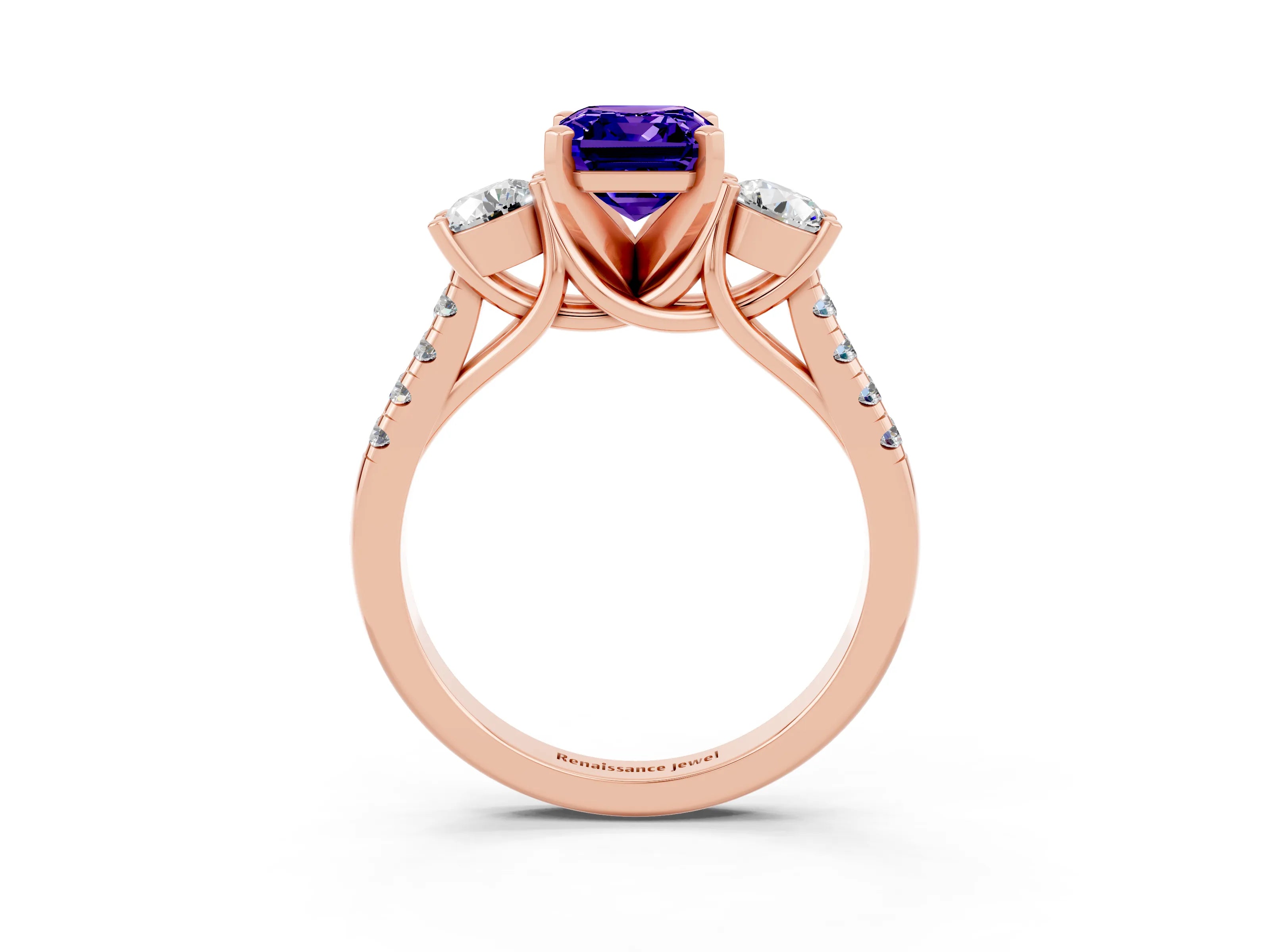 Rose gold Three-Stone Emerald Cut Tanzanite Pavé Band with Four-Prong Setting_3