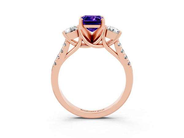Rose gold Three-Stone Emerald Cut Tanzanite Pavé Band with Four-Prong Setting