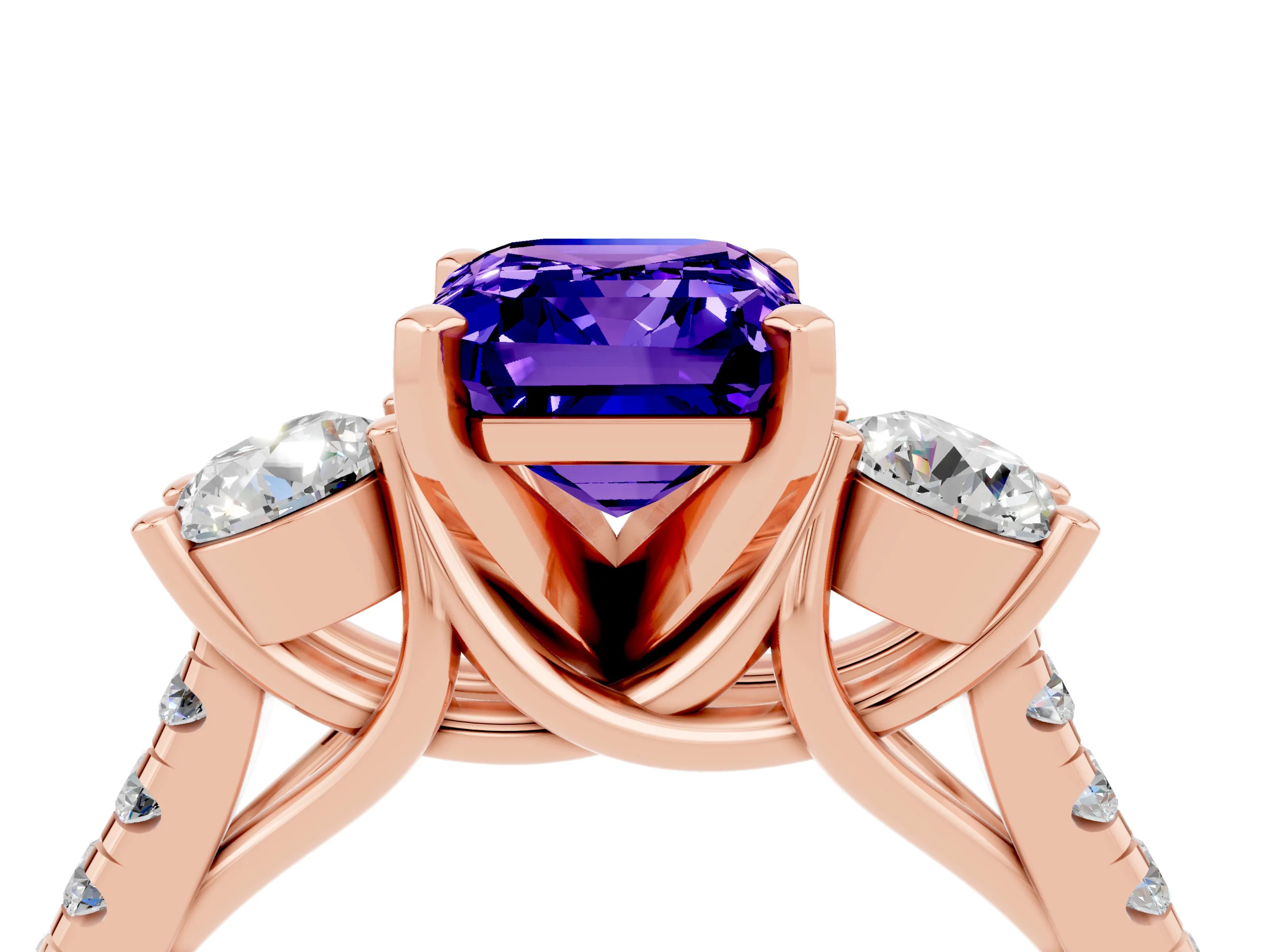 Rose gold Three-Stone Emerald Cut Tanzanite Pavé Band with Four-Prong Setting_4
