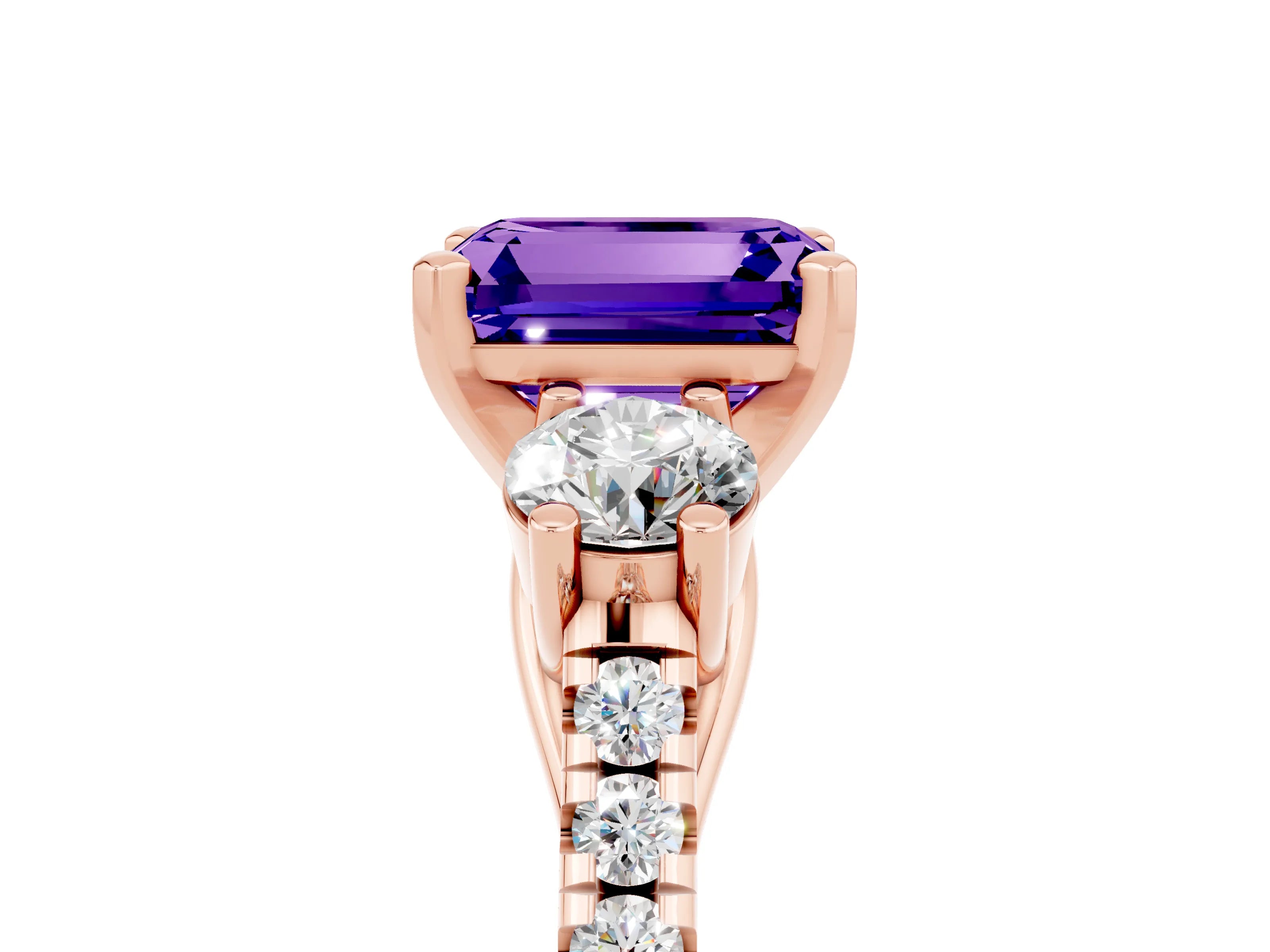 Rose gold Three-Stone Emerald Cut Tanzanite Pavé Band with Four-Prong Setting_5