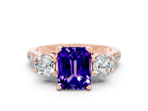 Rose gold Three-Stone Emerald Cut Tanzanite Pavé Band with Four-Prong Setting