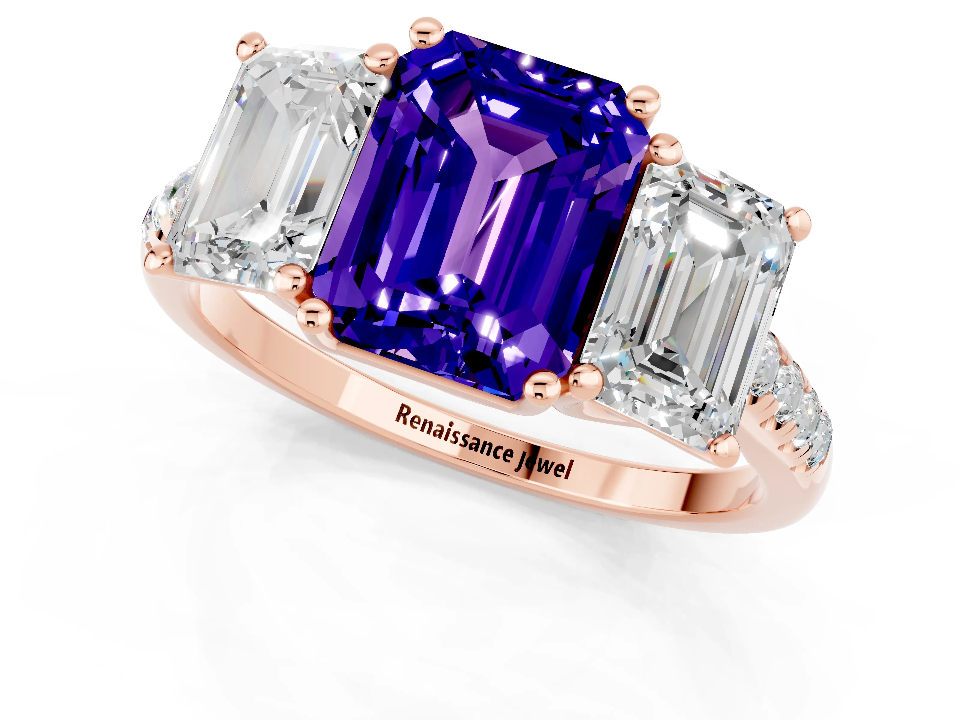 Rose gold Three-Stone Emerald Cut Tanzanite Ring with Pavé Band and Prong Setting_13