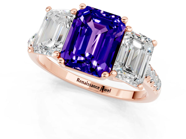 Rose gold Three-Stone Emerald Cut Tanzanite Ring with Round  Pavé Band and Prong Setting