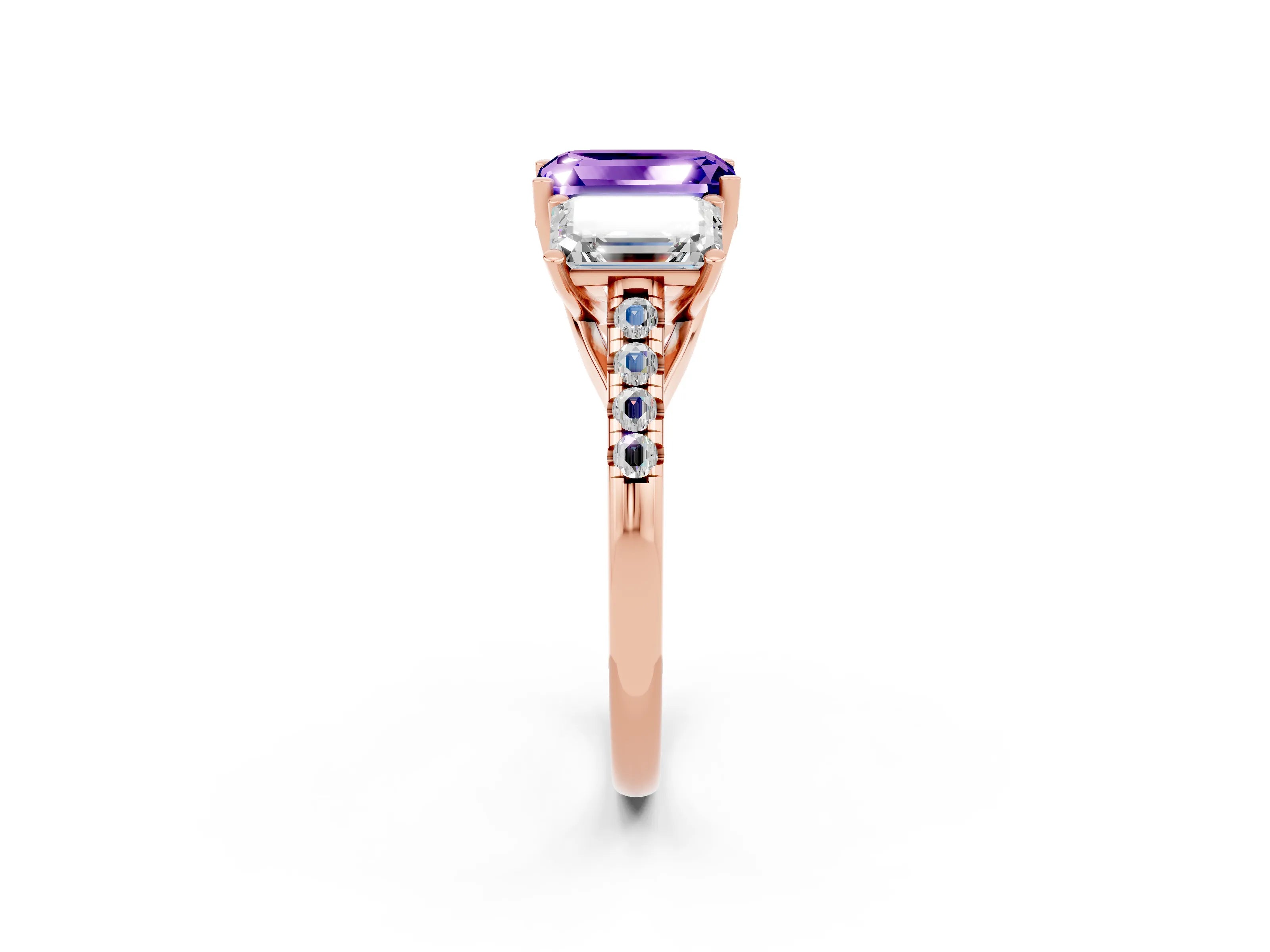 Rose gold Three-Stone Emerald Cut Tanzanite Ring with Pavé Band and Prong Setting_14