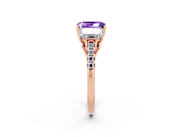 Rose gold Three-Stone Emerald Cut Tanzanite Ring with Round  Pavé Band and Prong Setting