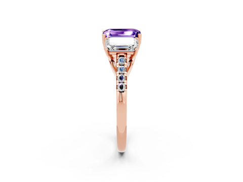 Rose gold Three-Stone Emerald Cut Tanzanite Ring with Pavé Band and Prong Setting_14