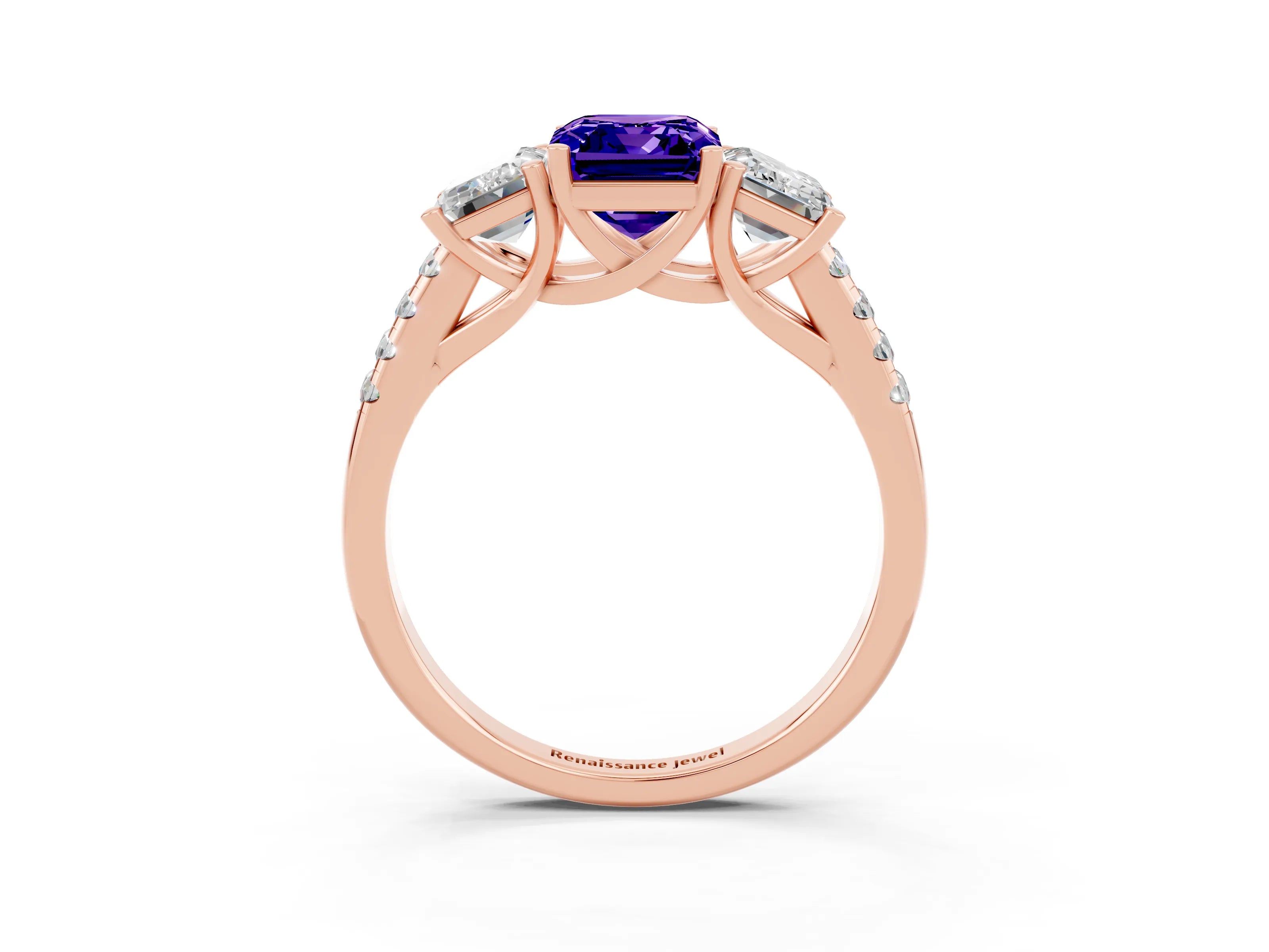 Rose gold Three-Stone Emerald Cut Tanzanite Ring with Pavé Band and Prong Setting_15