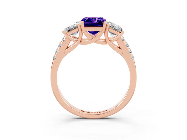 Rose gold Three-Stone Emerald Cut Tanzanite Ring with Round  Pavé Band and Prong Setting