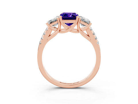 Rose gold Three-Stone Emerald Cut Tanzanite Ring with Pavé Band and Prong Setting_15