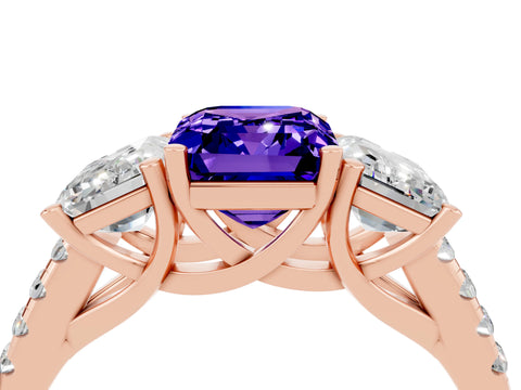 Rose gold Three-Stone Emerald Cut Tanzanite Ring with Pavé Band and Prong Setting_16