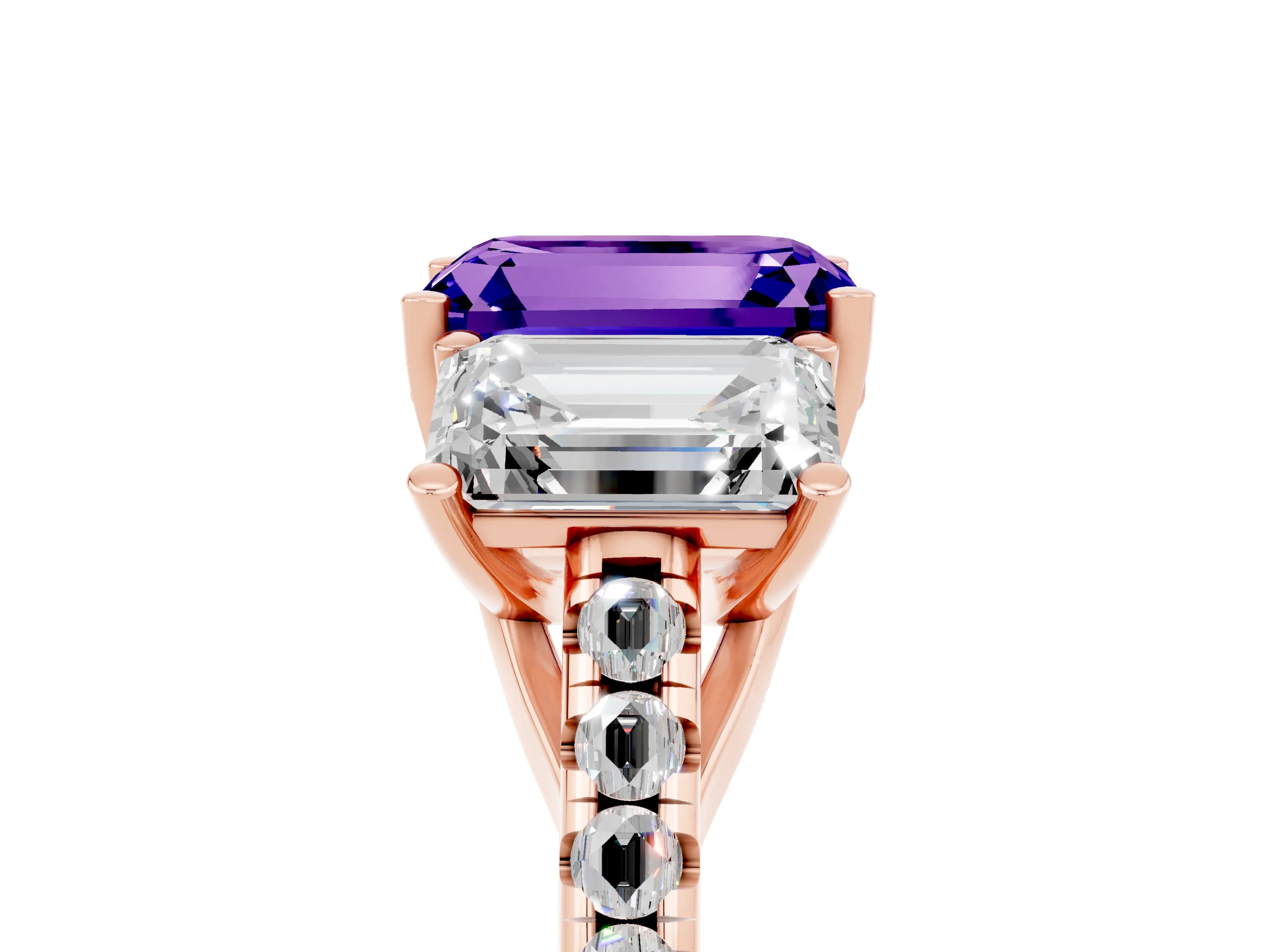 Rose gold Three-Stone Emerald Cut Tanzanite Ring with Pavé Band and Prong Setting_17