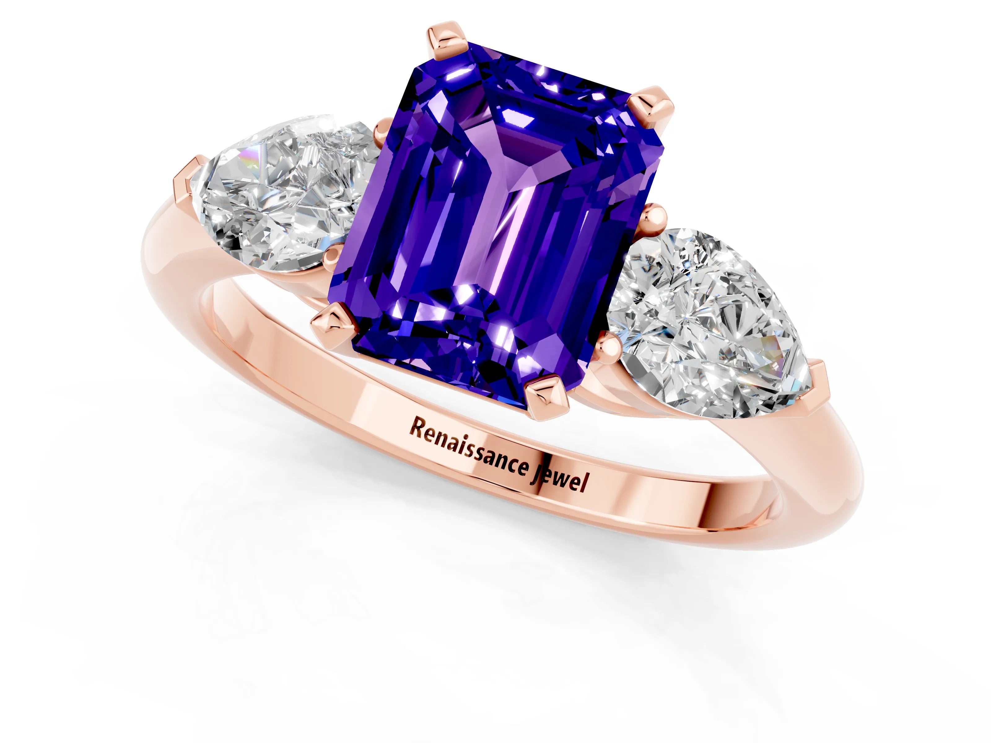 Rose gold Three-Stone Emerald Cut Tanzanite Ring with Pear Side Stones and Four-Prong Setting_1