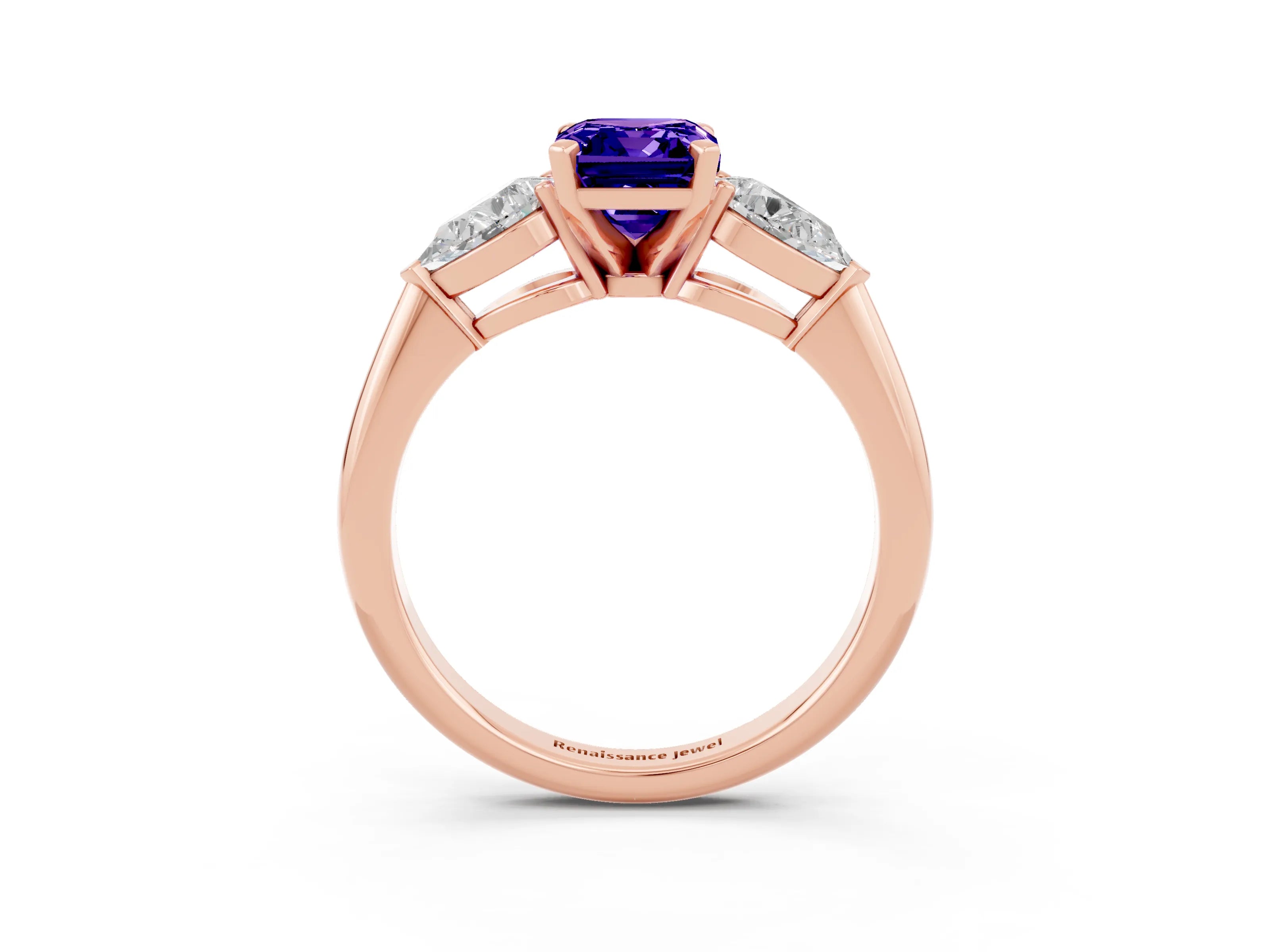 Rose gold Three-Stone Emerald Cut Tanzanite Ring with Pear Side Stones and Four-Prong Setting_3