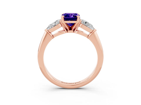 Rose gold Three-Stone Emerald Cut Tanzanite Ring with Pear Side Stones and Four-Prong Setting_3