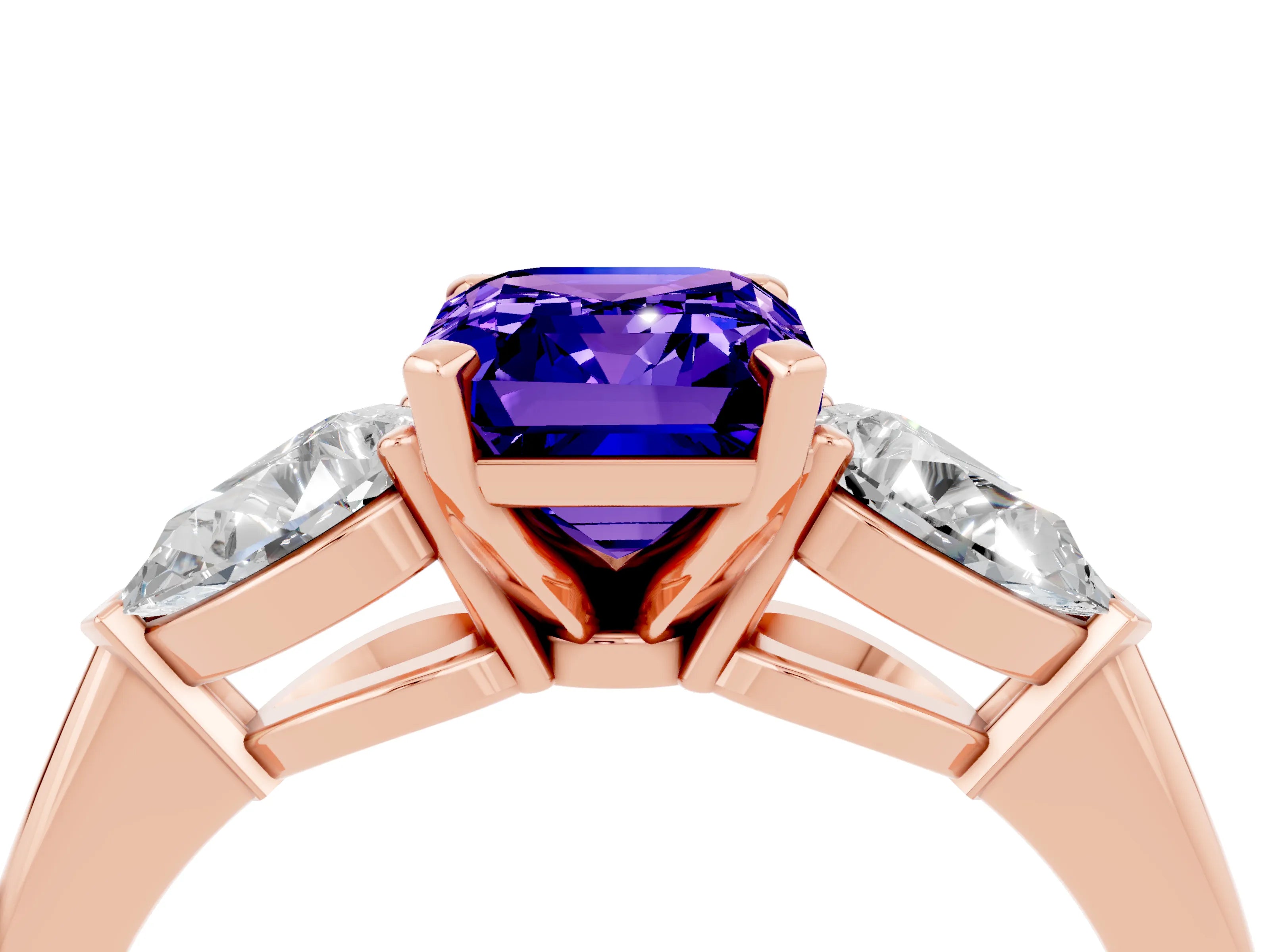 Rose gold Three-Stone Emerald Cut Tanzanite Ring with Pear Side Stones and Four-Prong Setting_4