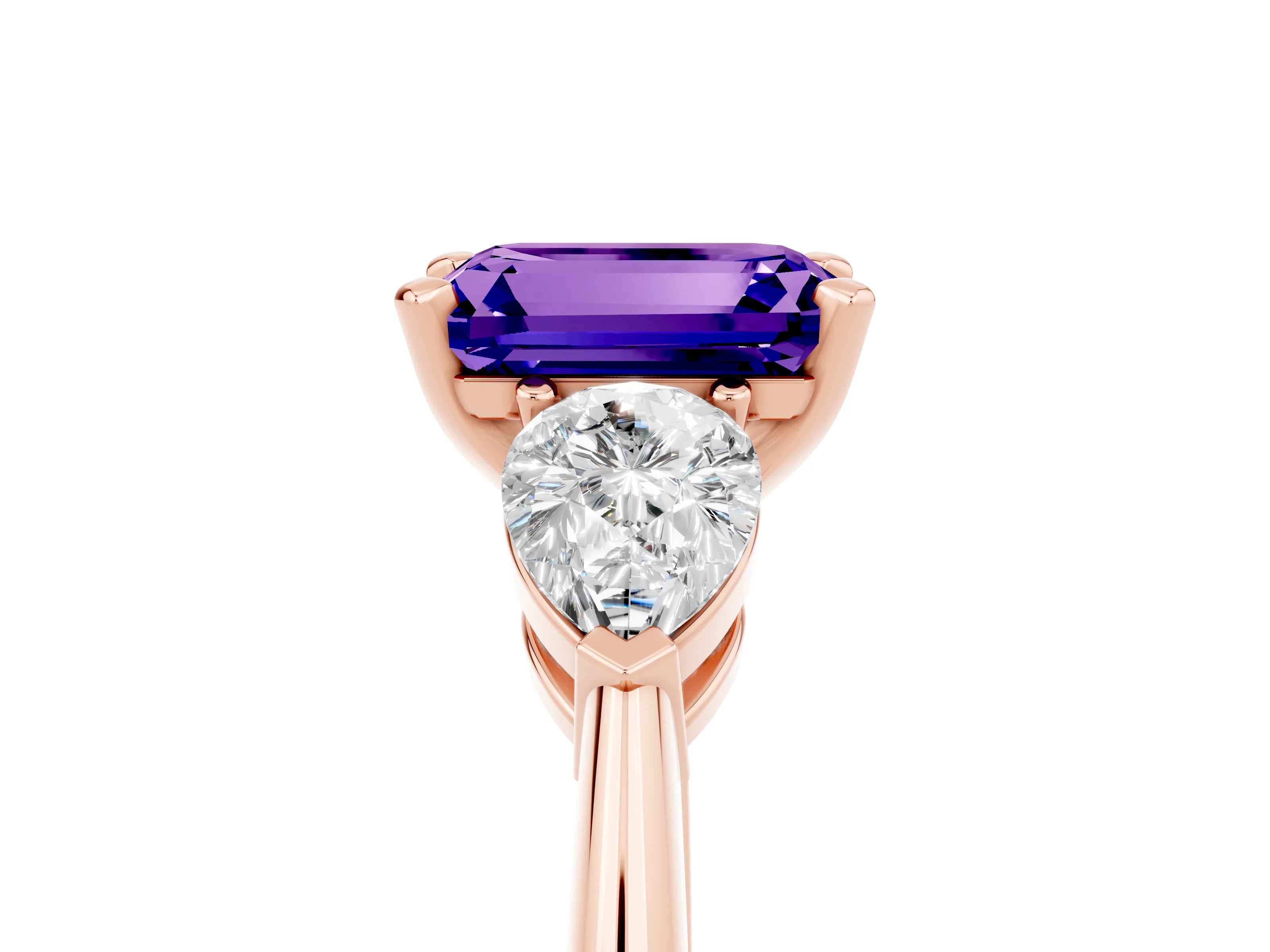 Rose gold Three-Stone Emerald Cut Tanzanite Ring with Pear Side Stones and Four-Prong Setting_5