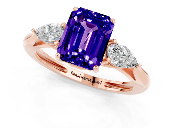 Rose gold Three-Stone Emerald Cut Tanzanite Ring with Pear  Side Stones in Four-Prong Setting