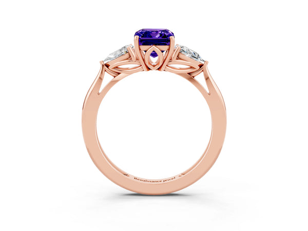 Rose gold Three-Stone Emerald Cut Tanzanite Ring with Pear  Side Stones in Four-Prong Setting
