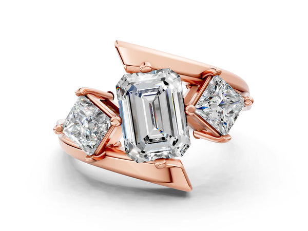 Rose gold Three-Stone Emerald Cut Tension Band Ring with Four-Prong Setting
