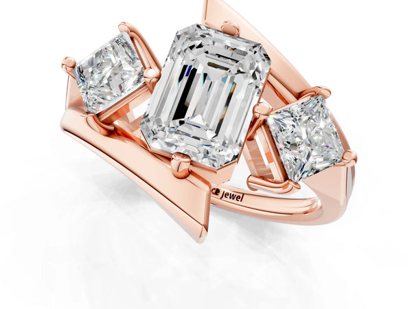 Rose gold Three-Stone Emerald Cut Tension Band Ring with Four-Prong Setting