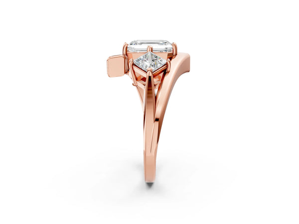 Rose gold Three-Stone Emerald Cut Tension Band Ring with Four-Prong Setting