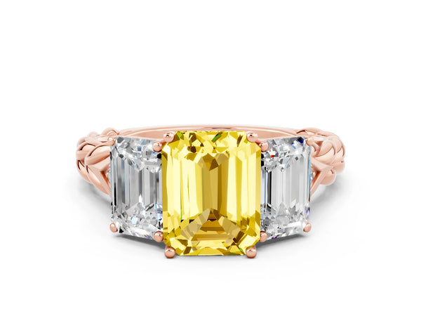 Rose gold Three-Stone Emerald Cut Yellow Sapphire Braided Band Ring with Four-Prong Setting