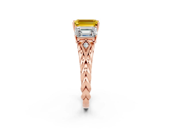Rose gold Three-Stone Emerald Cut Yellow Sapphire Braided Band Ring with Four-Prong Setting