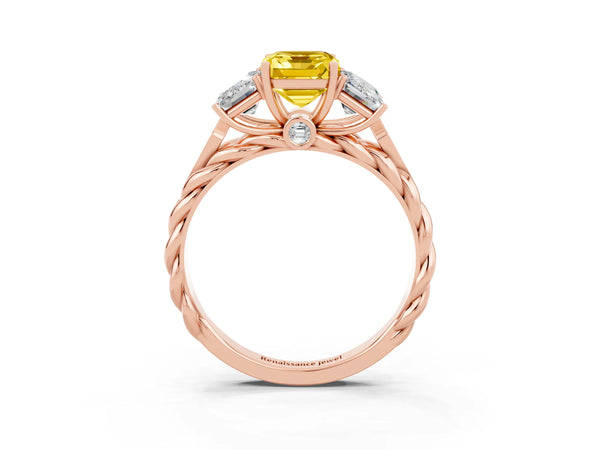 Rose gold Three-Stone Emerald Cut Yellow Sapphire Braided Band Ring with Four-Prong Setting