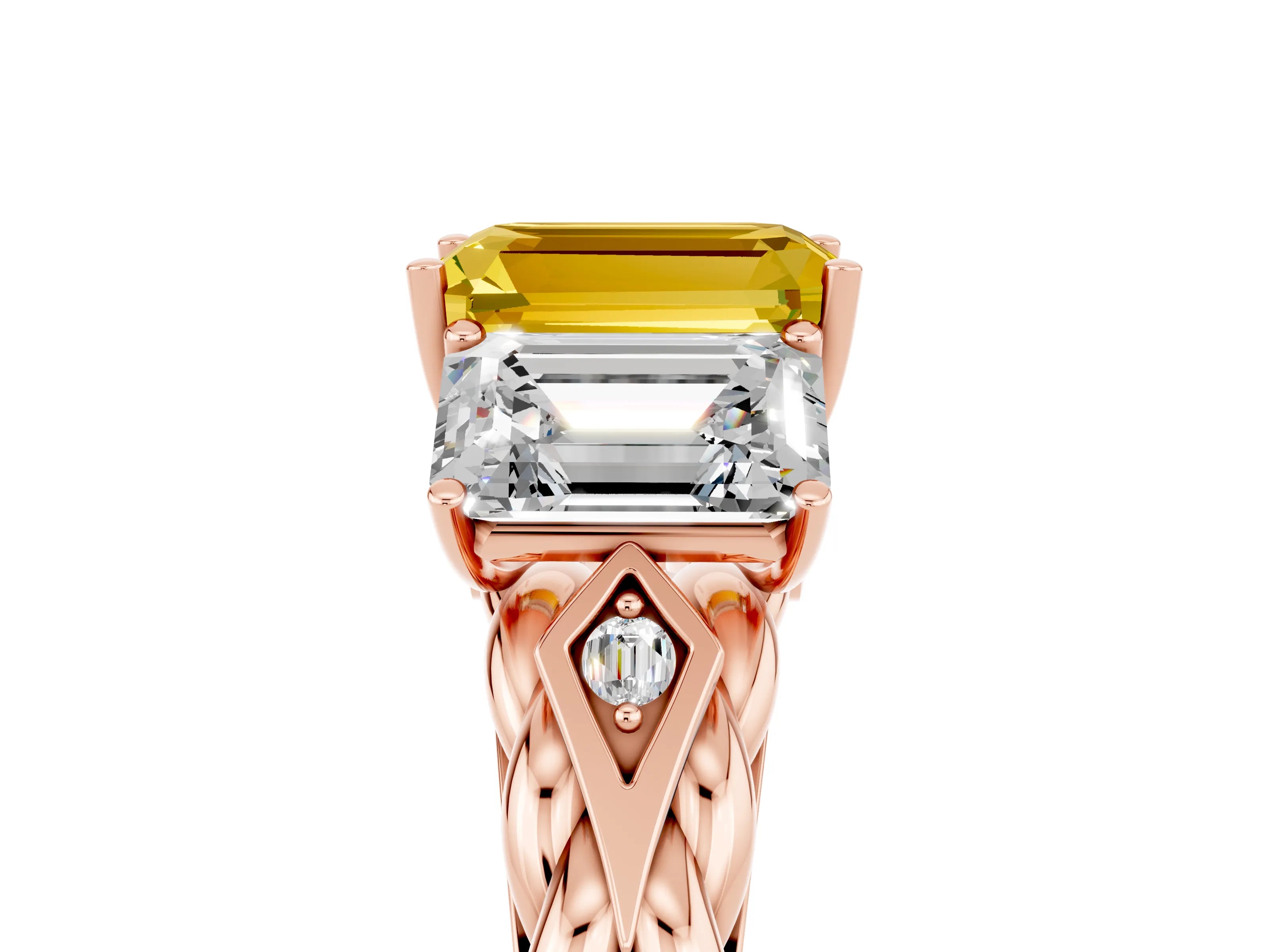 Rose gold Three-Stone Emerald Cut Yellow Sapphire Braided Band Ring with Four-Prong Setting_65
