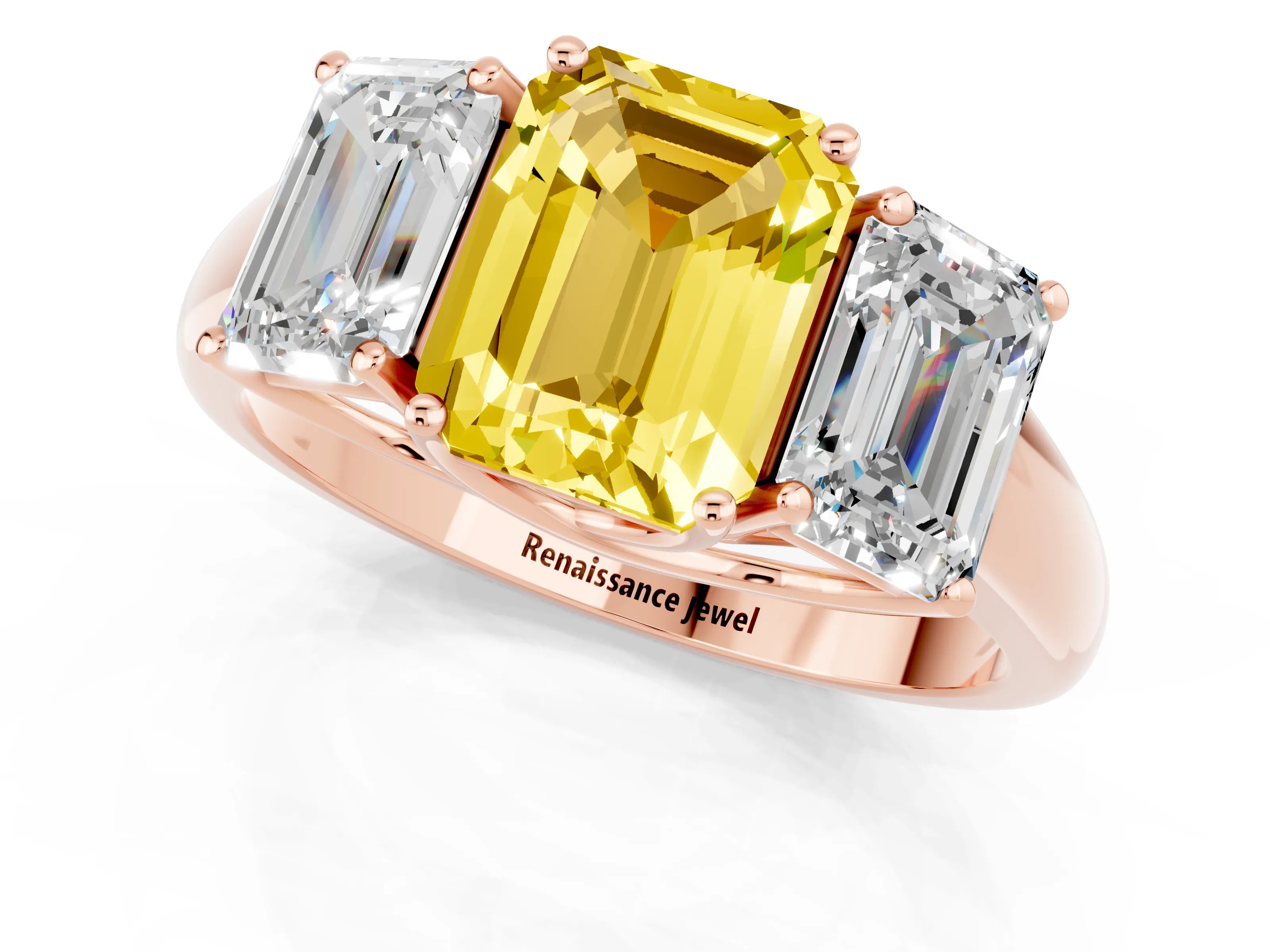 Rose gold Three-Stone Emerald Cut Yellow Sapphire Engagement Ring with Prong Setting_1