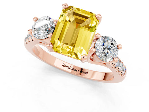 Rose gold Three-Stone Emerald Cut Yellow Sapphire Pavé Band with Four-Prong Setting_25