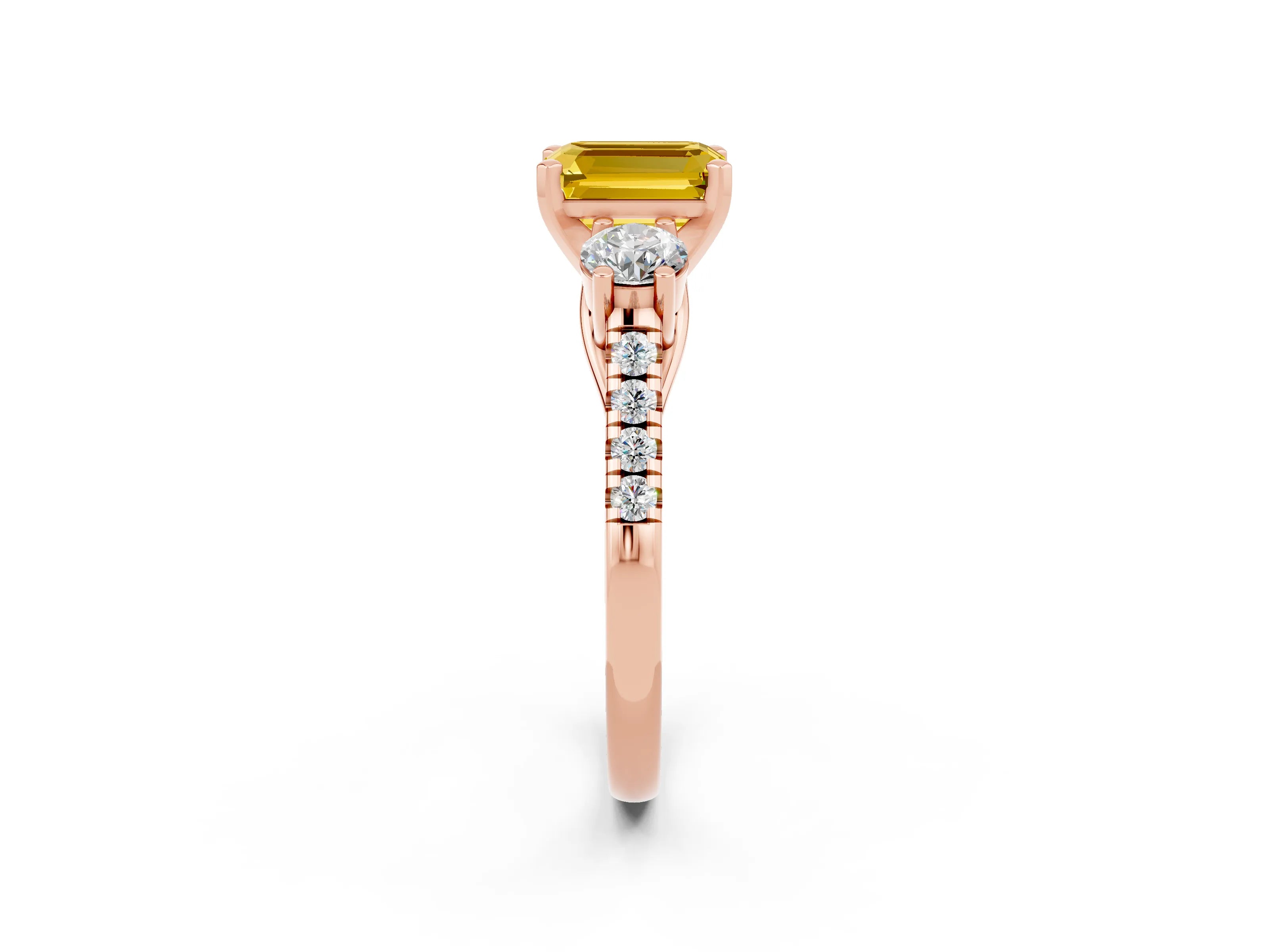 Rose gold Three-Stone Emerald Cut Yellow Sapphire Pavé Band with Four-Prong Setting_26