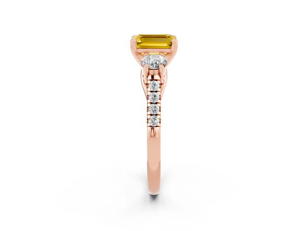Rose gold Three-Stone Emerald Cut Yellow Sapphire Pavé Band with Four-Prong Setting