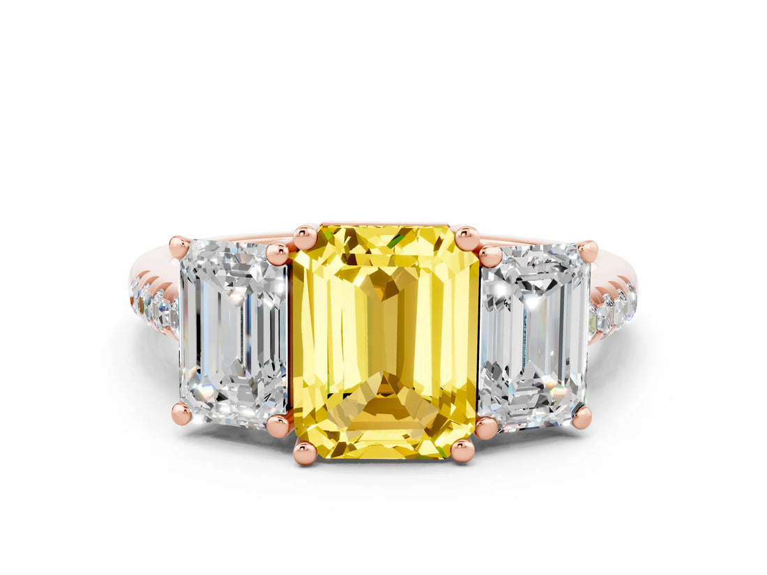 Rose gold Three-Stone Emerald Cut Yellow Sapphire Ring with Pavé Band and Prong Setting_36