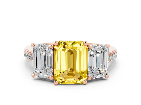 Rose gold Three-Stone Emerald Cut Yellow Sapphire Ring with Pavé Band and Prong Setting_36