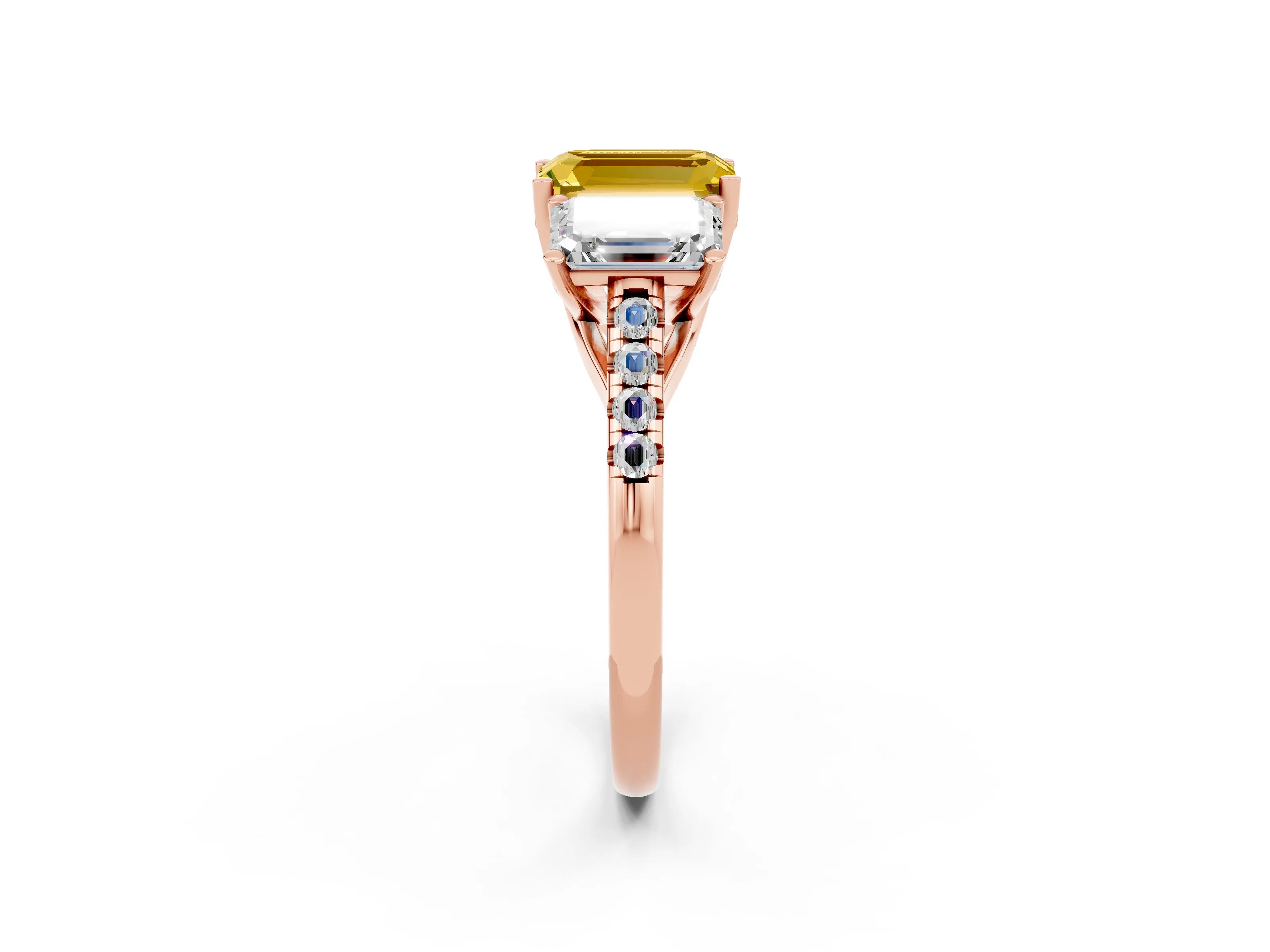 Rose gold Three-Stone Emerald Cut Yellow Sapphire Ring with Pavé Band and Prong Setting_38