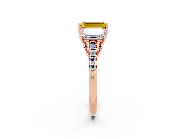 Rose gold Three-Stone Emerald Cut Yellow Sapphire Ring with Round  Pavé Band and Prong Setting