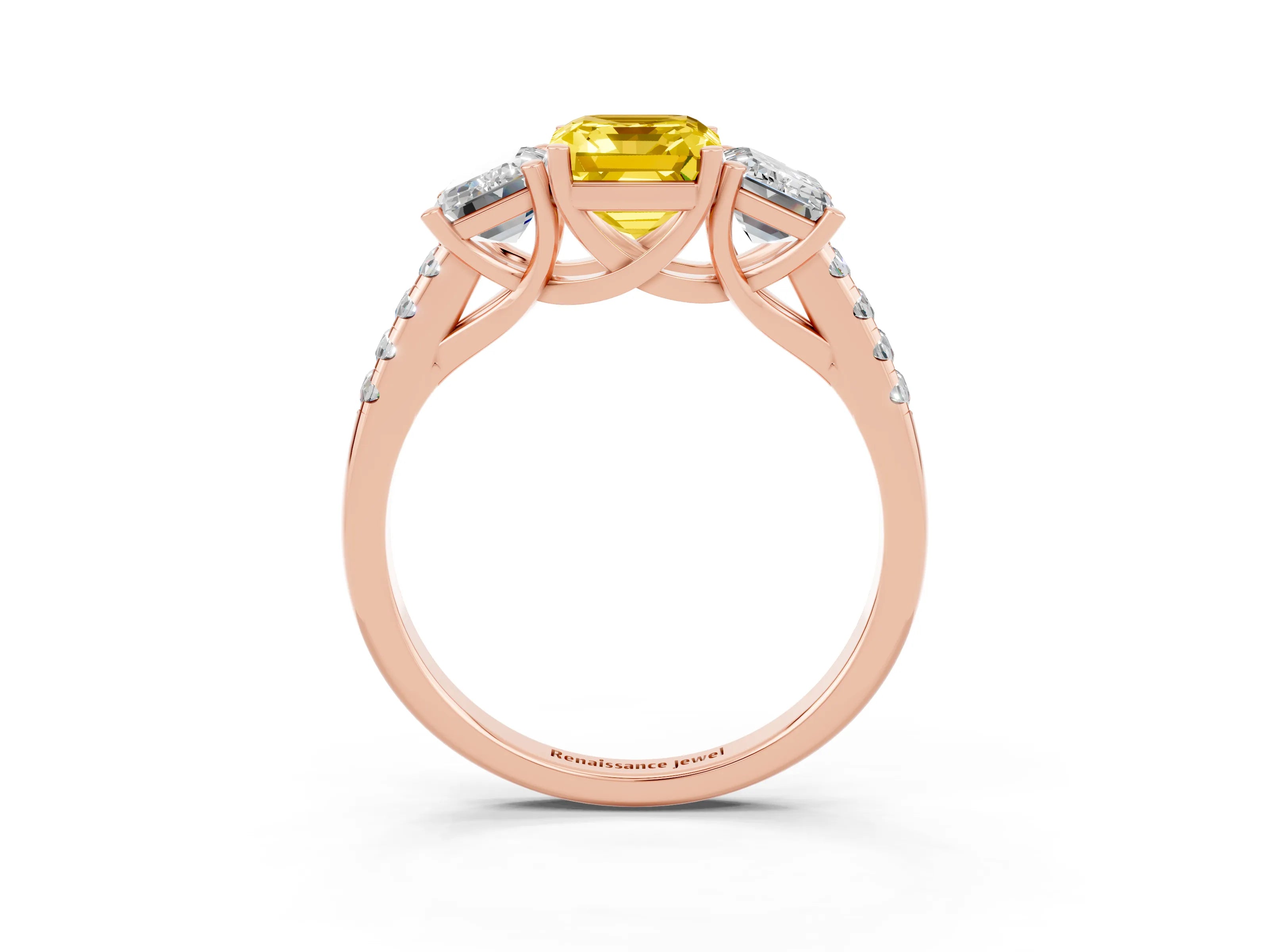 Rose gold Three-Stone Emerald Cut Yellow Sapphire Ring with Pavé Band and Prong Setting_39