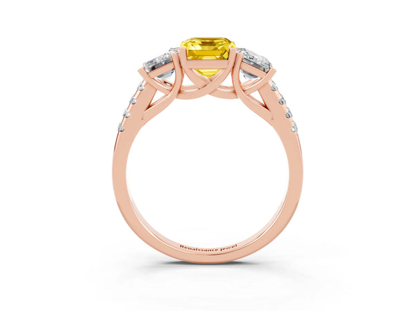 Rose gold Three-Stone Emerald Cut Yellow Sapphire Ring with Round  Pavé Band and Prong Setting