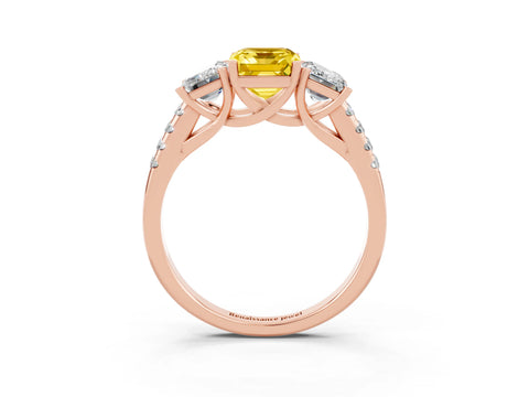 Rose gold Three-Stone Emerald Cut Yellow Sapphire Ring with Pavé Band and Prong Setting_39