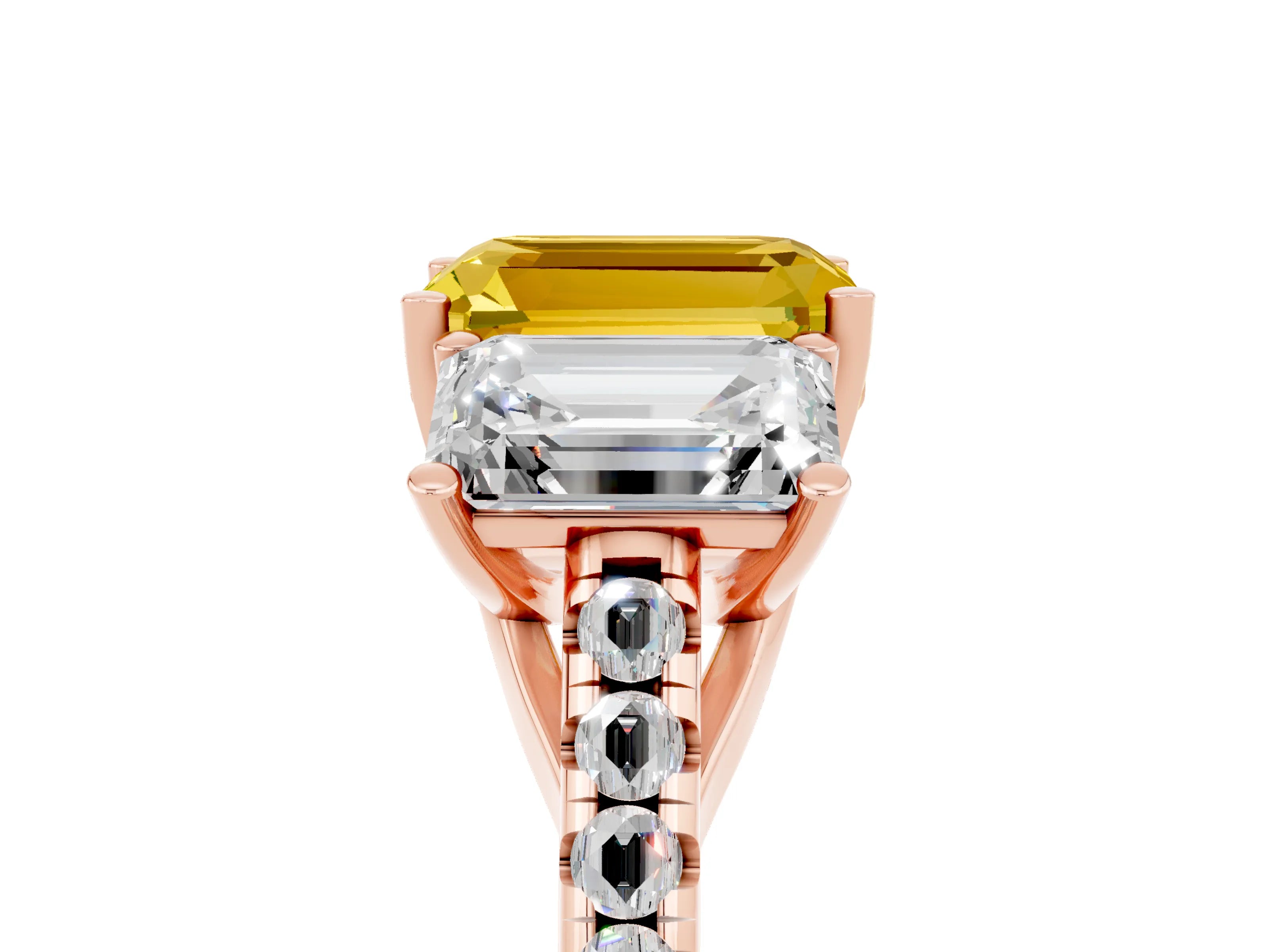 Rose gold Three-Stone Emerald Cut Yellow Sapphire Ring with Pavé Band and Prong Setting_41