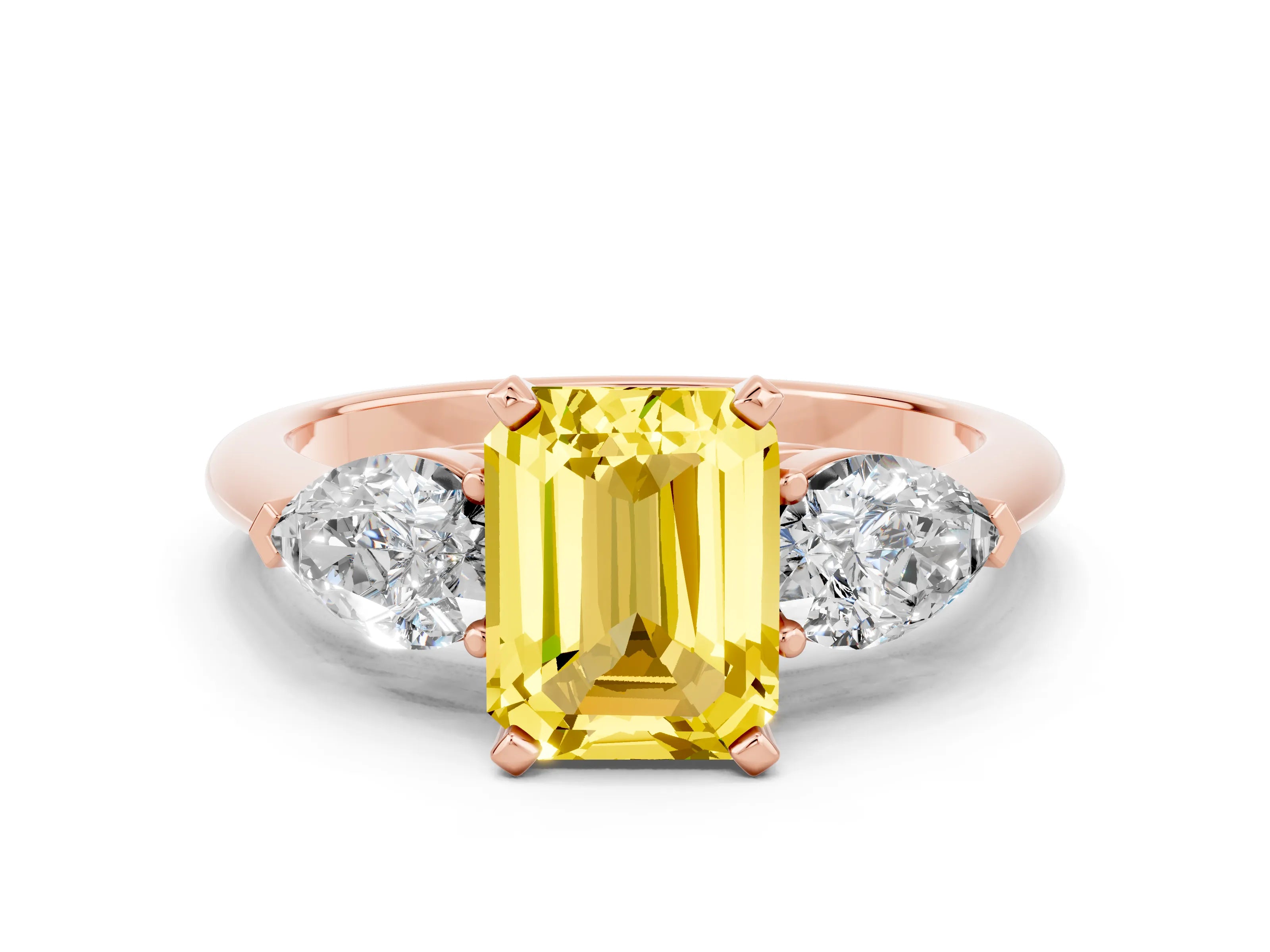 Rose gold Three-Stone Emerald Cut Yellow Sapphire Ring with Pear Side Stones and Four-Prong Setting_24