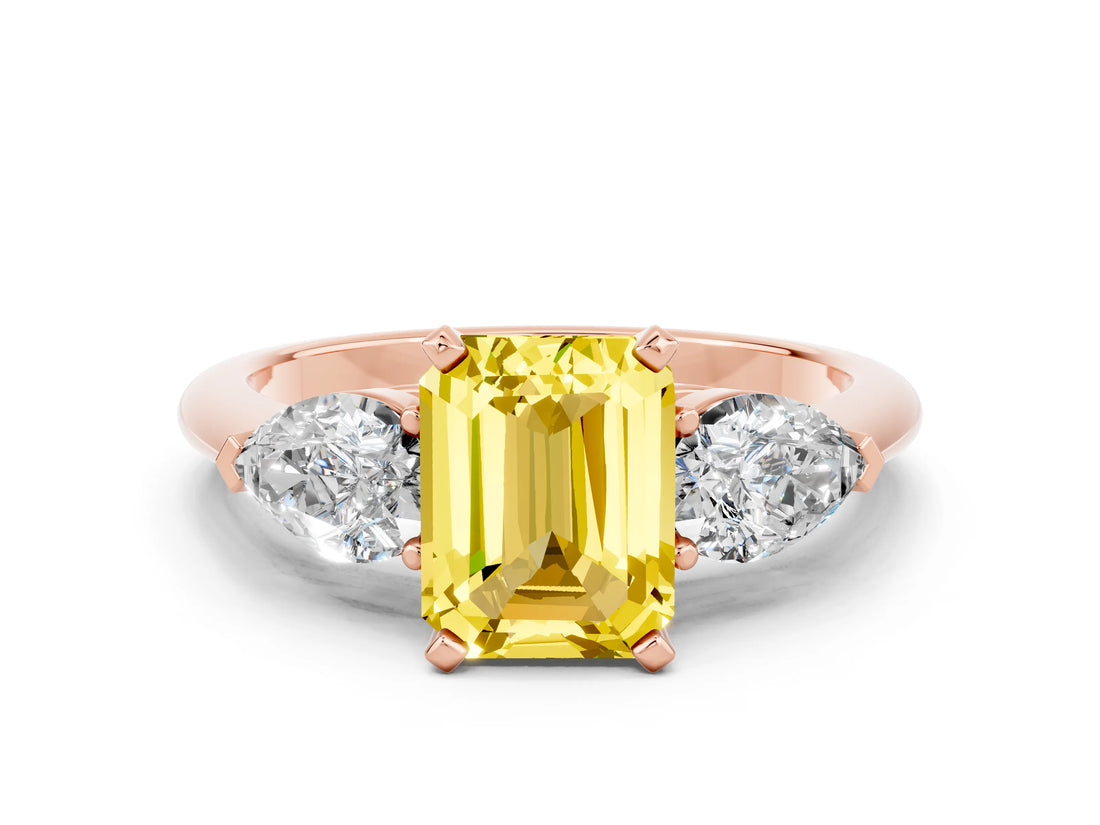 Rose gold Three-Stone Emerald Cut Yellow Sapphire Ring with Pear Side Stones and Four-Prong Setting_24