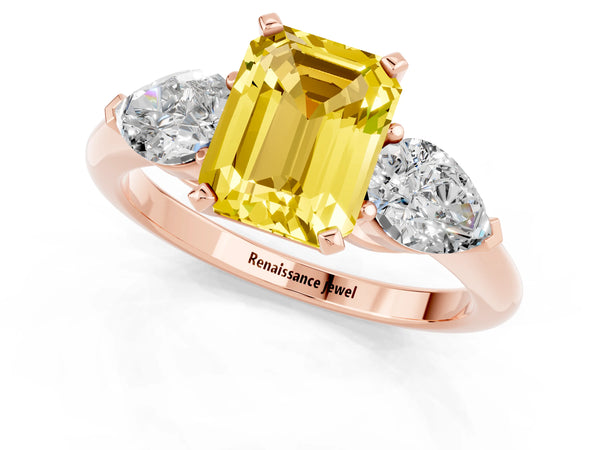Rose gold Three-Stone Emerald Cut Yellow Sapphire Ring with Pear Side Stones and Four-Prong Setting