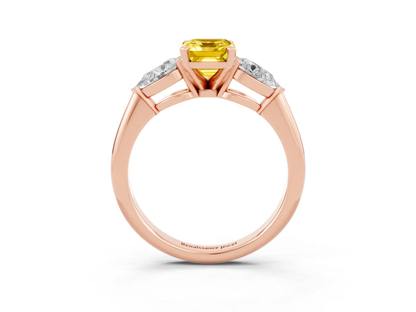 Rose gold Three-Stone Emerald Cut Yellow Sapphire Ring with Pear Side Stones and Four-Prong Setting
