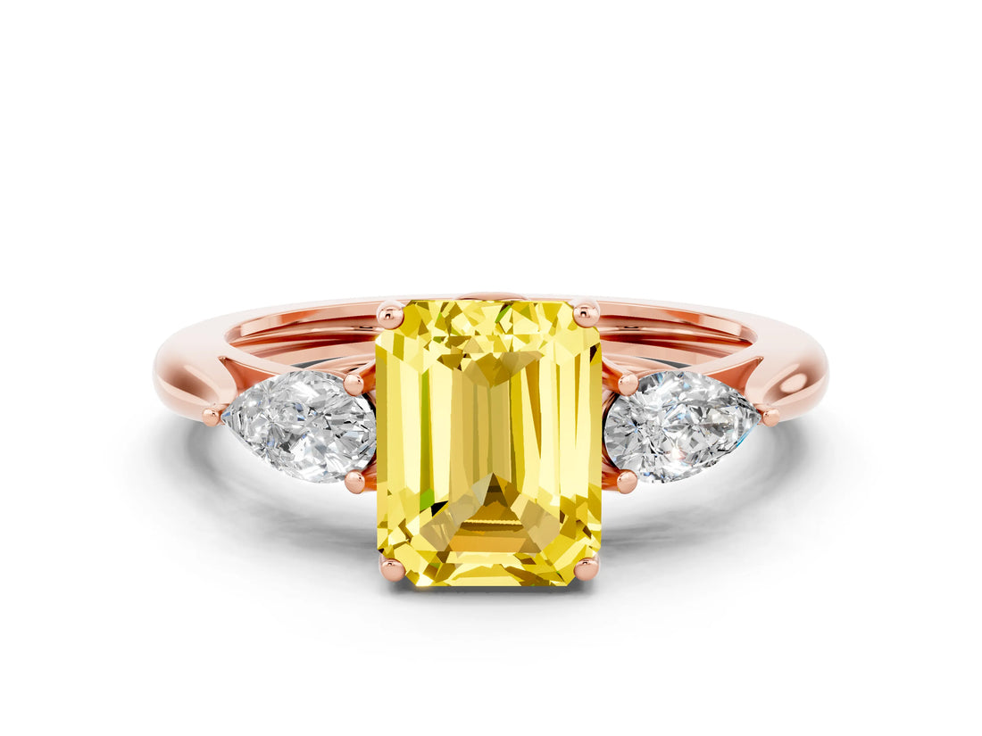 Rose gold Three-Stone Emerald Cut Yellow Sapphire Ring with Pear  Side Stones in Four-Prong Setting_12