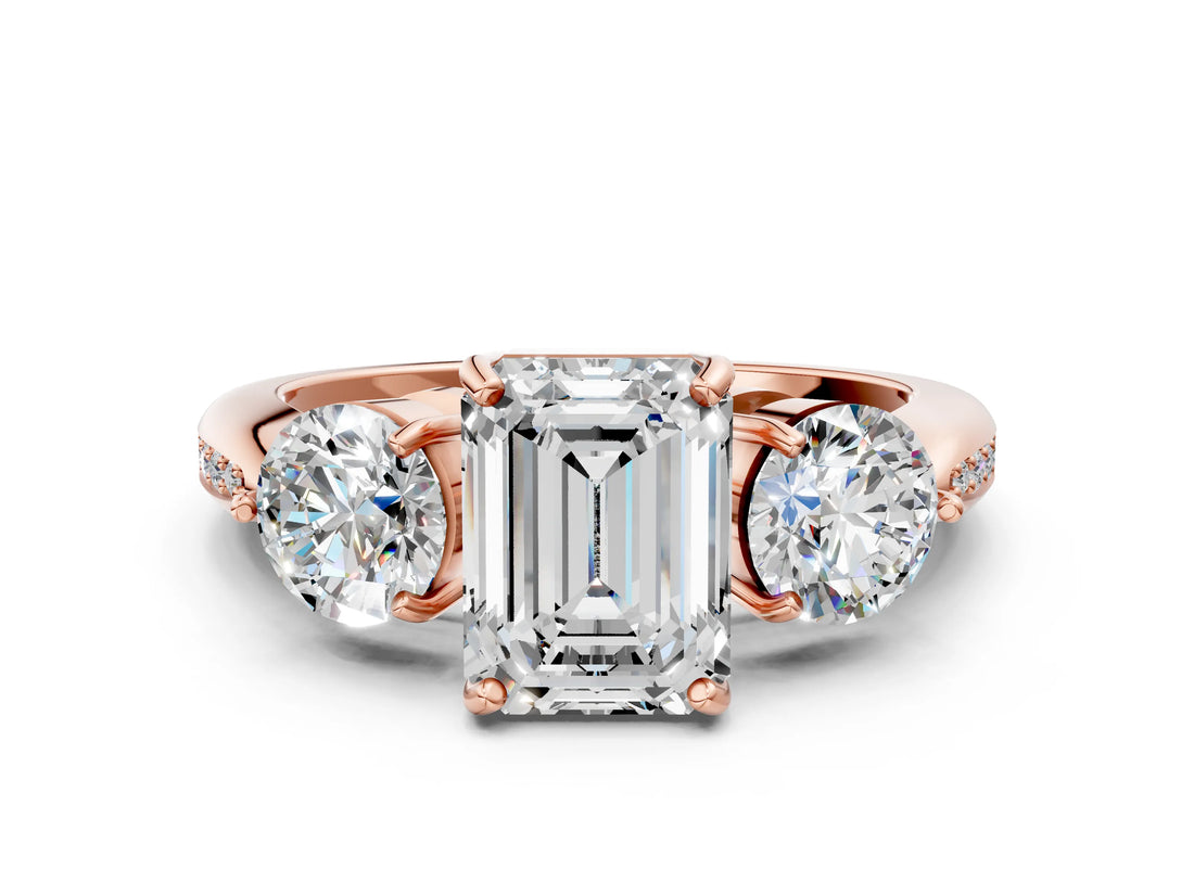 Rose gold Three-Stone Emerald Diamond Channel Set Engagement Ring with Prong Setting_15